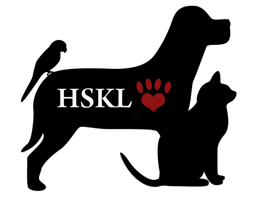A black logo with the outlines of a bird, dog, and cat. Inside the outline is a red paw emblem shaped like a heart, with the letters HSKL next to it.
