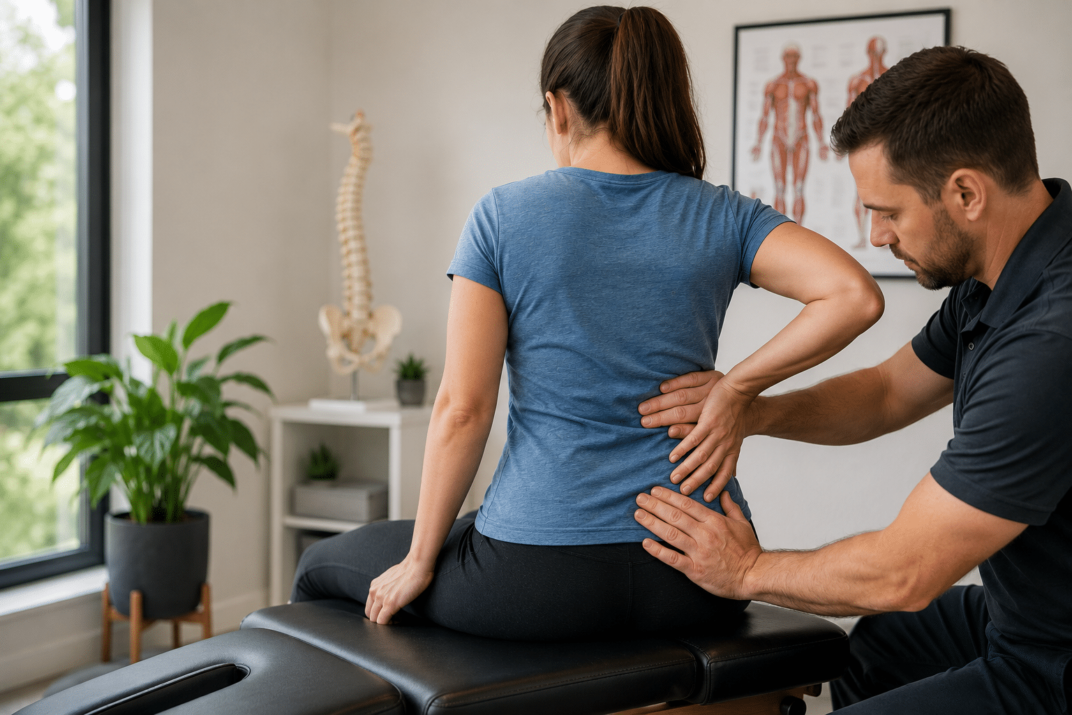 Sciatica Chiropractic Treatment in Lindsay Chiropractor assessing lower back and sciatic pain during treatment appointment in Lindsay clinic