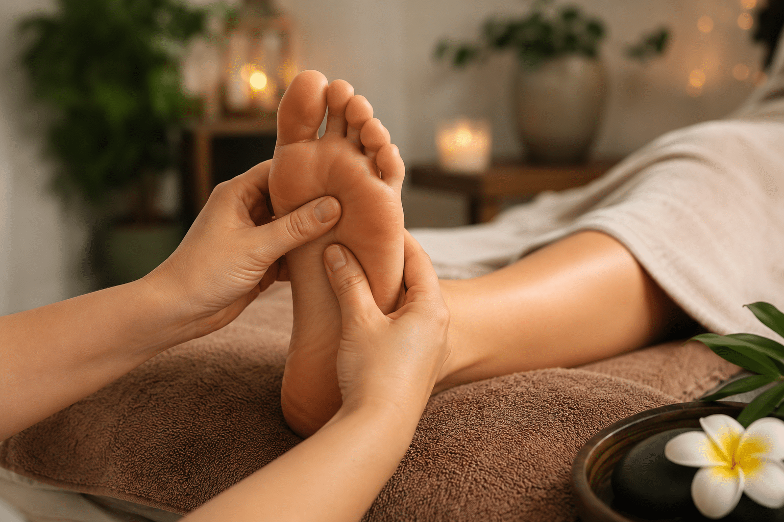 9c49d22d-e0e6-4c9c-9f11-3ec417ea309c Spa therapist performing a relaxing foot massage on a client in a tranquil wellness treatment room with candles and natural décor.